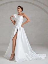 Ruffle Trim One Shoulder Split Thigh Satin Wedding Dress - Elonnashop